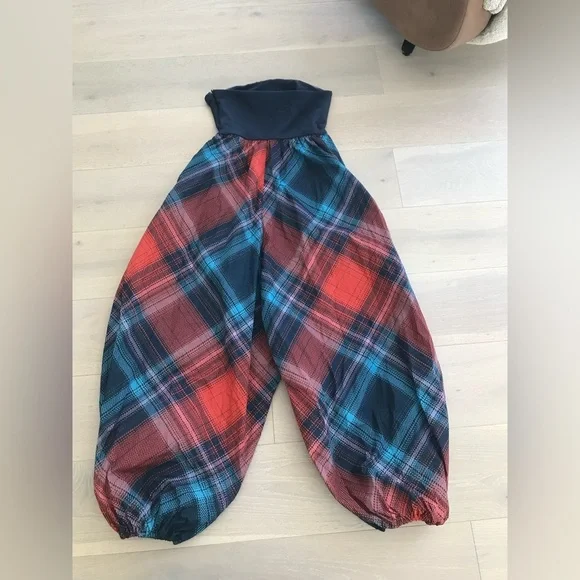 Anthropologie Maeve Gathered Balloon Jumpsuit Plaid Harem Strapless Blue sz M - Picture 6 of 8